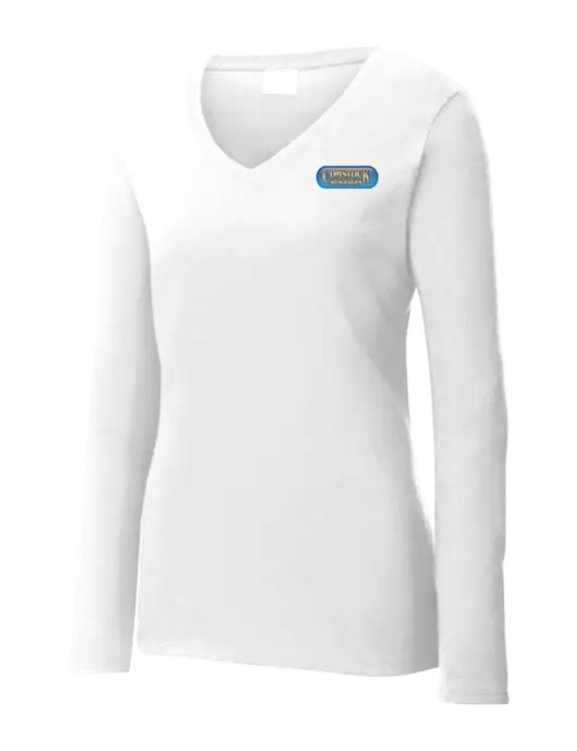 Womens  V-Neck Ring Spun White 4.5 oz Long Sleeve T-Shirt w/Comstock Resources Logo