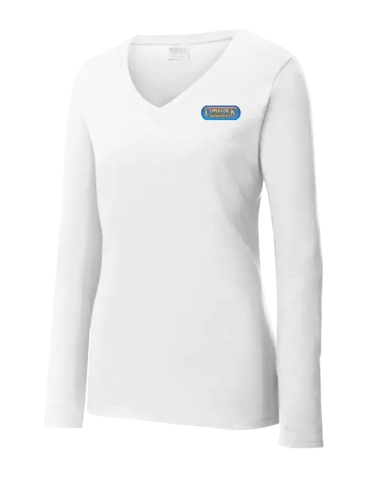 Womens  V-Neck Ring Spun White 4.5 oz Long Sleeve T-Shirt w/Comstock Resources Logo