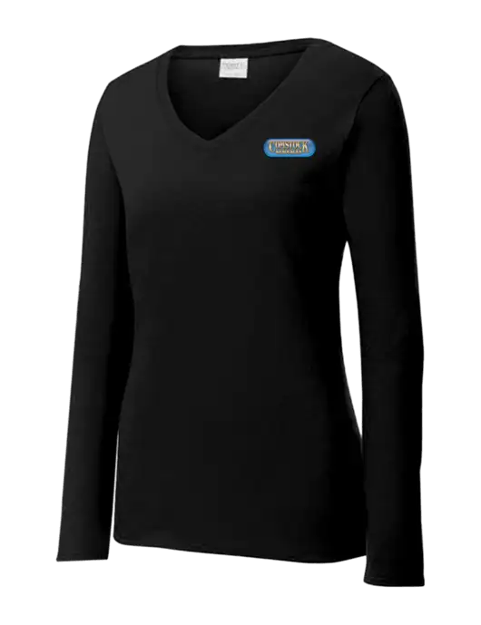 Womens V-Neck Ring Spun Jet Black 4.5 oz Long Sleeve T-Shirt w/Comstock Resources Logo