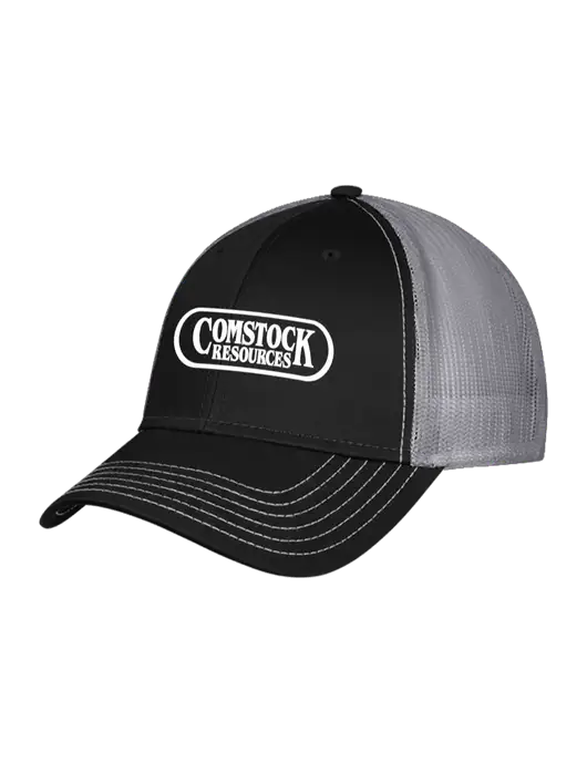 Black/Medium Dark Grey Mesh Trucker Cap Snap Back w/Comstock Resources Logo