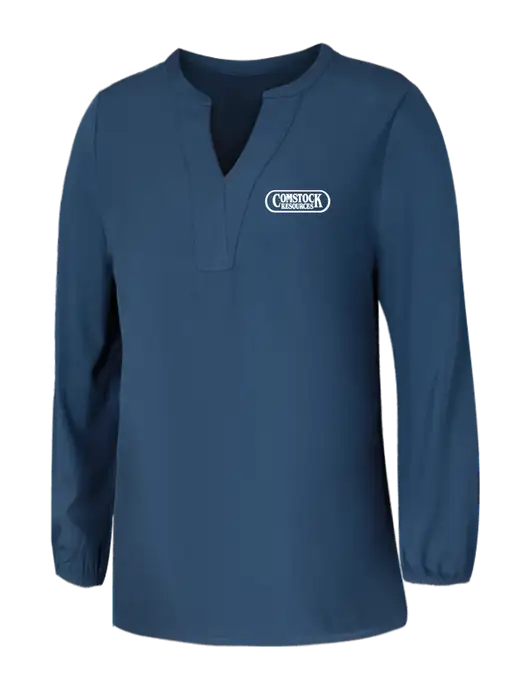 Mercer+Mettle Womens Light Navy Blue Grey Stretch Crepe 3/4 Sleeve Blouse w/Comstock Resources Logo
